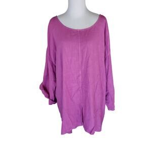 Kleen Pink Linen Top Tunic Blouse Scoop Neck Roll Tab Sleeves Lagenlook Plus 2X